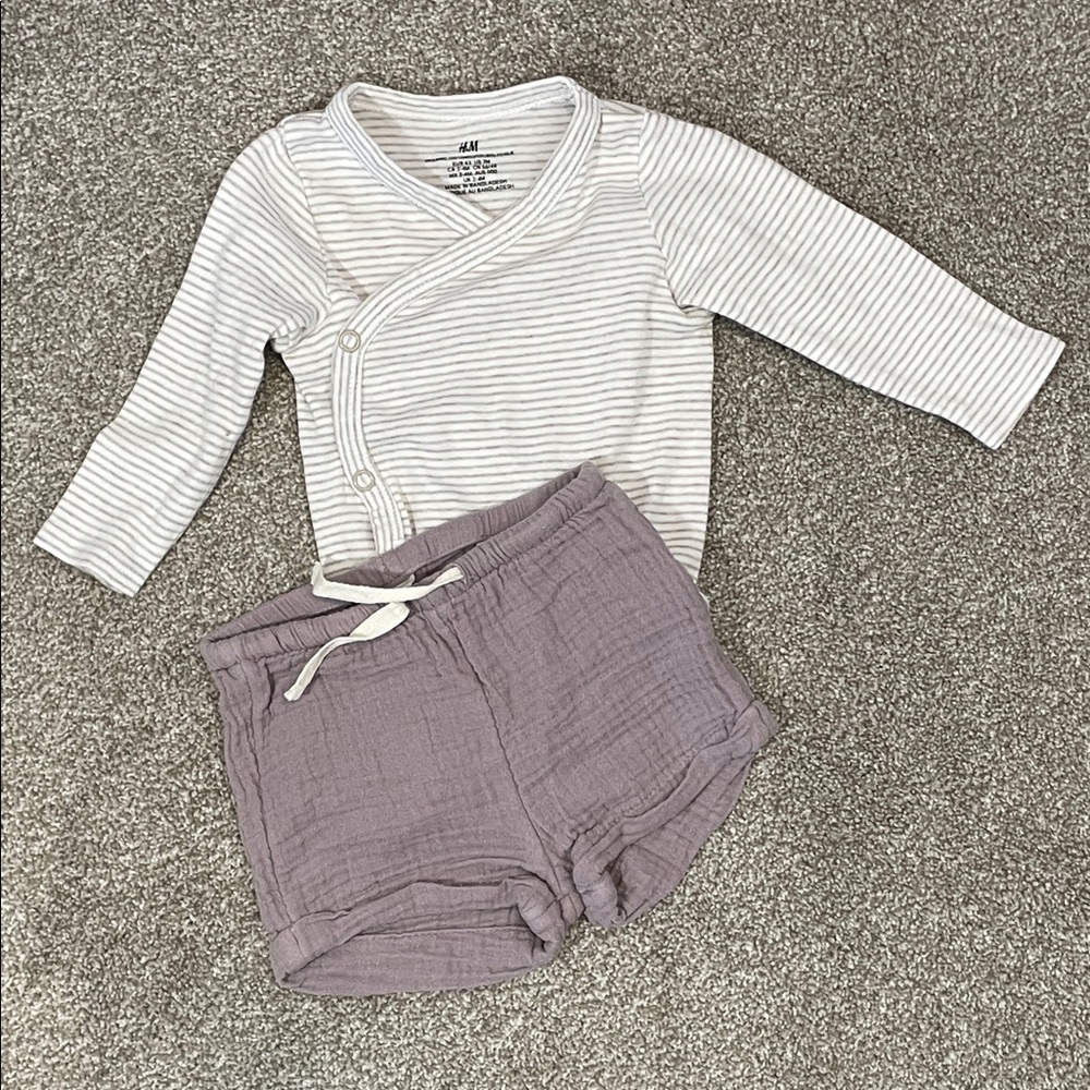 H&M Striped L/S Wrap Top and Muslin Shorts Set